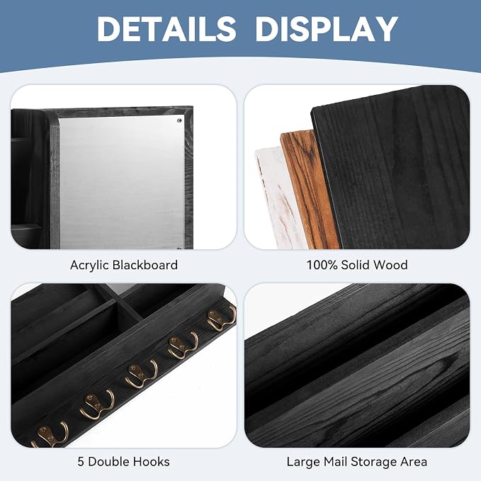 Key Holder Wall Mount, Mail Organizer Wall Mounted, Solid Wood Key Holder for Wall Living Room Entryway Home Decor, with 10 Key Hooks, Shelf, Marker Pen, 15.7" x 10.2" x 2.8"