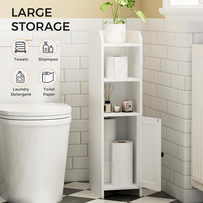 Homhedy Small Bathroom Storage Cabinet, Narrow Toilet Paper Cabinet | Corner Floor Cabinet with Door and Shelves, Slim Bathroom Cabinet for Small Spaces, 9.8" D x 7.9" W x 31" H, White