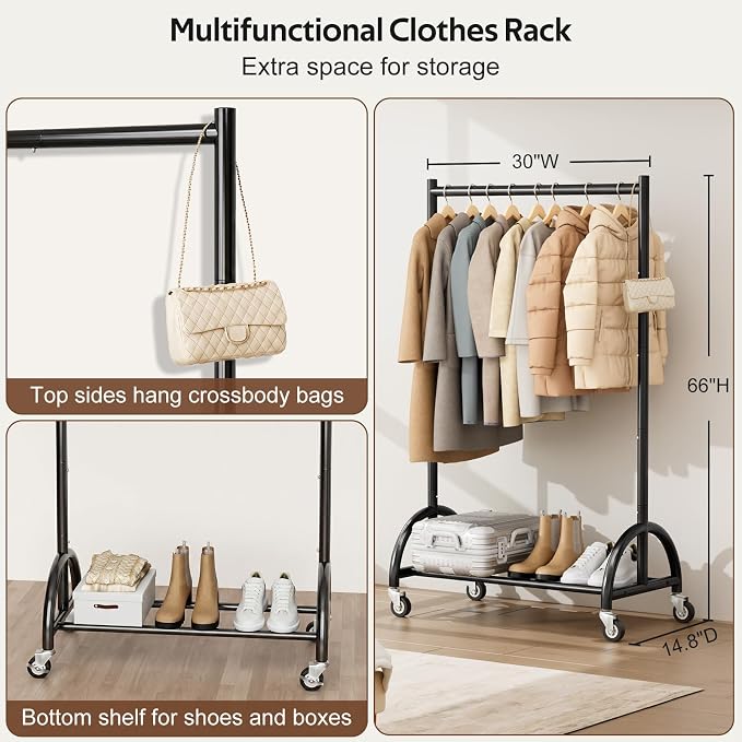 MISSLO Heavy Duty Clothing Rack with Wheels Rolling Clothes Racks for Hanging Clothes, Coats, Garment, Dress, Black, 30" W