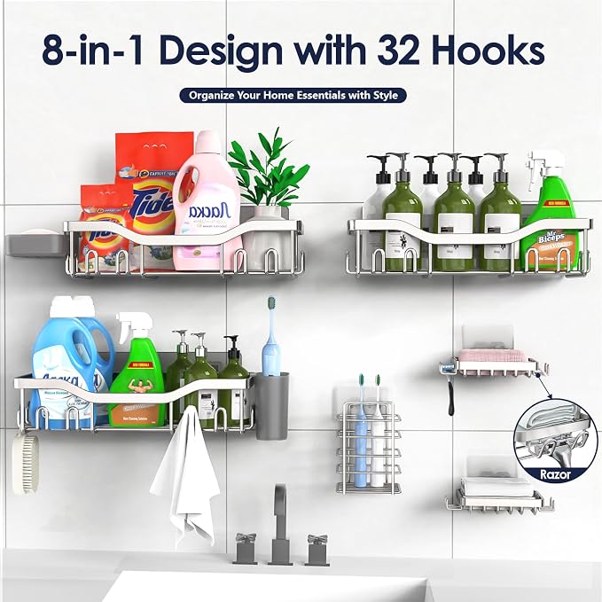 NESOMI Shower Caddy Adhesive Shower Organizer 8-Pack, Rustproof Stainless Steel Bathroom Shelves, Large Capacity No-Drill Rack Storage Accessories with Soap Dish Toothbrush Holder Hooks