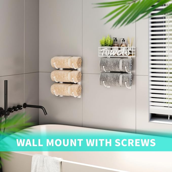 HapiRm Towel Racks for Bathroom Storage - 6 Tier Over The Door & Wall Mount Rolled Towel Storage Organizer Holder with Metal Shelf Basket for Small Bathroom, Camper, Rv - White, Patented