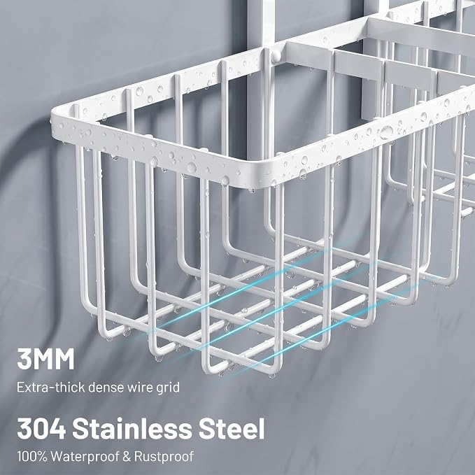 Luxspire Hanging Shower Caddy Overhead, Shower Organizer Hanging, White | No Drilling Required, Height-Adjustable, Thickened Rustproof Stainless Steel, Heavy-Duty, Include 8 Hooks And Soap Holder