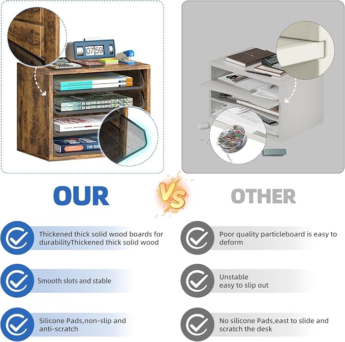 Simple Trending 4-Tier Desk File Organizer, Paper Organizer, Rustic Brown | Adjustable Letter Trays, Wood Desktop File Sorter, Farmhouse Style, for Office Home Classroom, 10.75"D x 15.2"W x 11.8"H