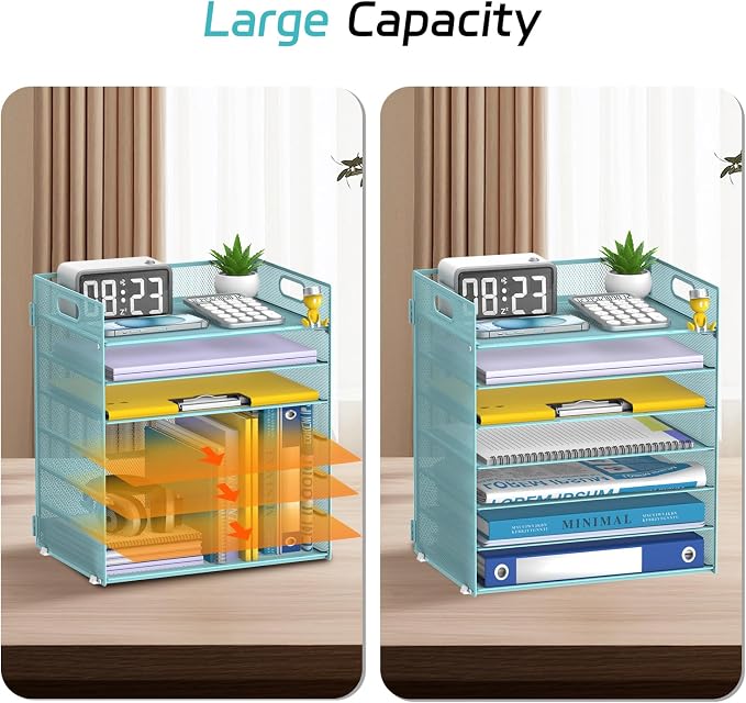 7 Tier Paper Organizer for Desk with Letter Trays & Handle Blue | Desk File Organizer with Handle for Sorting Papers, Files, Folders, Mail, Bills and Office Supplies