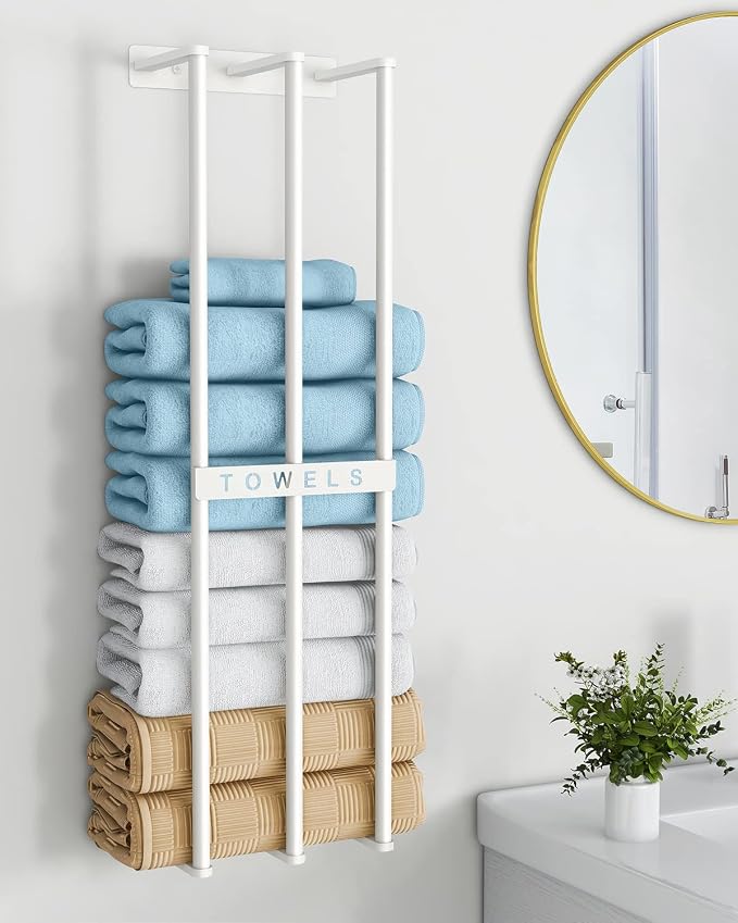 Bethom Towel Racks for Bathroom, Towel Storage Holder Space Saving, White | 30 Inch Towel Rack for Rolled Towels, Modern Minimalist Style, Rust-Proof, Perfect for narrow shower wall & compact bathrooms