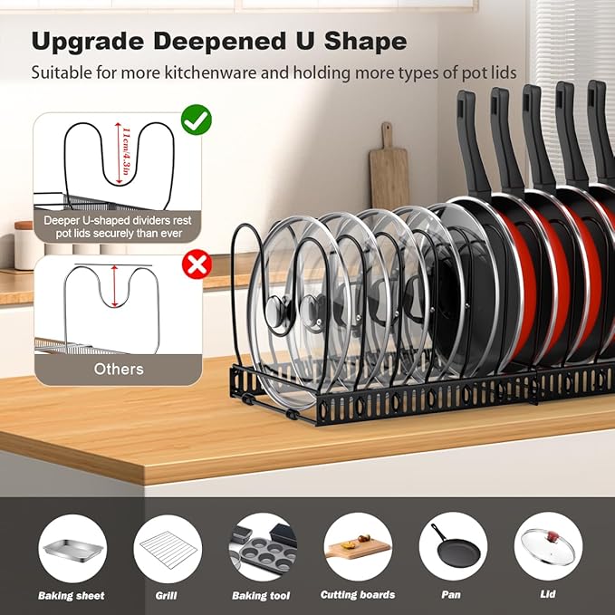 Housolution Pot and Pan Lid Organizer Holder Storage Rack, Black | 12"-23" Expandable, 14 Adjustable Dividers, Sturdy Metal Construction, Easy Assembly