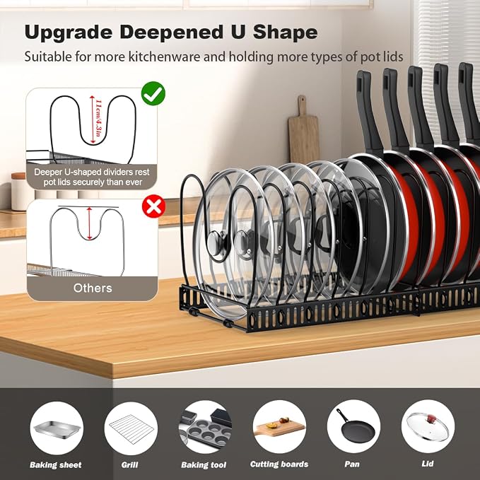 Housolution 2 Pack Pot and Pan Lid Organizer Holder Storage Rack, Black | 12"-23" Expandable, 14 Adjustable Dividers, Sturdy Metal Construction, Easy Assembly