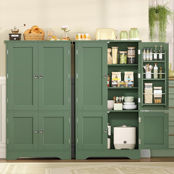 43" H Storage Cabinet with 4 Doors, Kitchen Cabinet with 6 Door Shelves, Kitchen Pantry Cabinets for Living Room, Dining Room, Bathroom, Forest Green