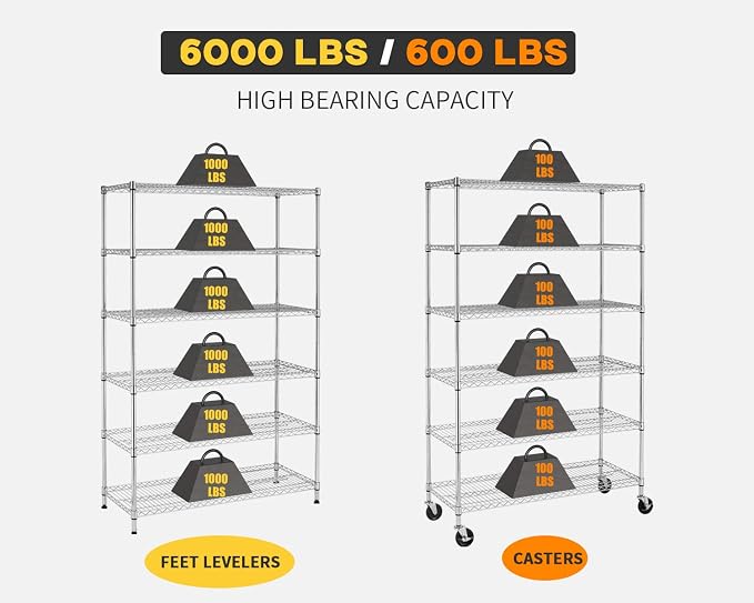 BestOffice | 6-Tier Wire Shelf with Wheels | 18" x 48" x 78" | Chrome | Storage Shelves with Adjustable Racks, Holds upto 600 lbs | Rust-Resistant, No-Tool Assembly | For Home, Garage