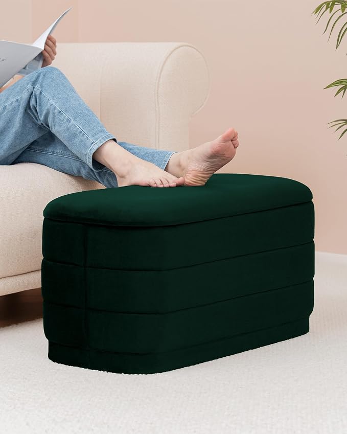 B FSOBEIIALEO Velvet Storage Ottoman with Tray, Folding Ottoman with Storage Coffee Table Shoes Bench for Dorm Room, Living Room Bottle Green, 30"x15"x15"