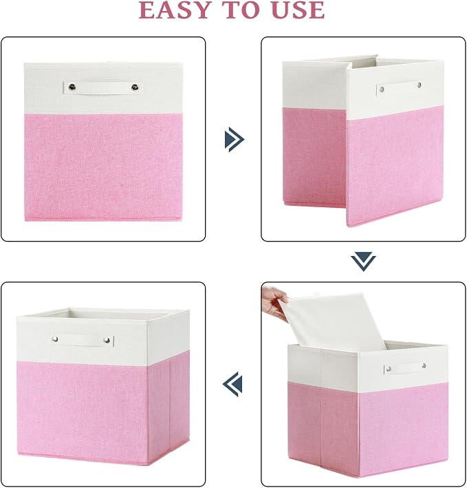 FinishingBo 13x13x13 Storage Cube Bins 4 Pack, Cube Shelf Baskets | Foldable Storage Cubes, Linen Storage Bins with Handles, Closet Organizers, White/Pink