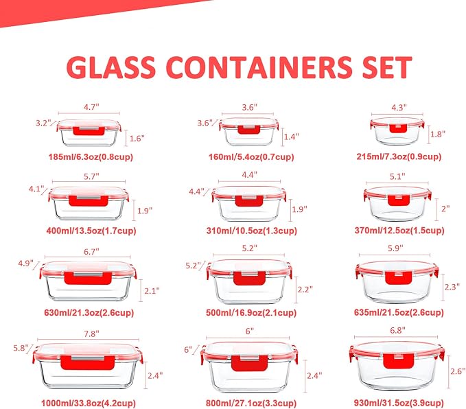 24 Pieces Glass Food Storage Containers Set, Meal Prep Containers, BPA-Free Airtight Glass Storage Containers with lids, Freezer, Microwave and Oven Safe, Red