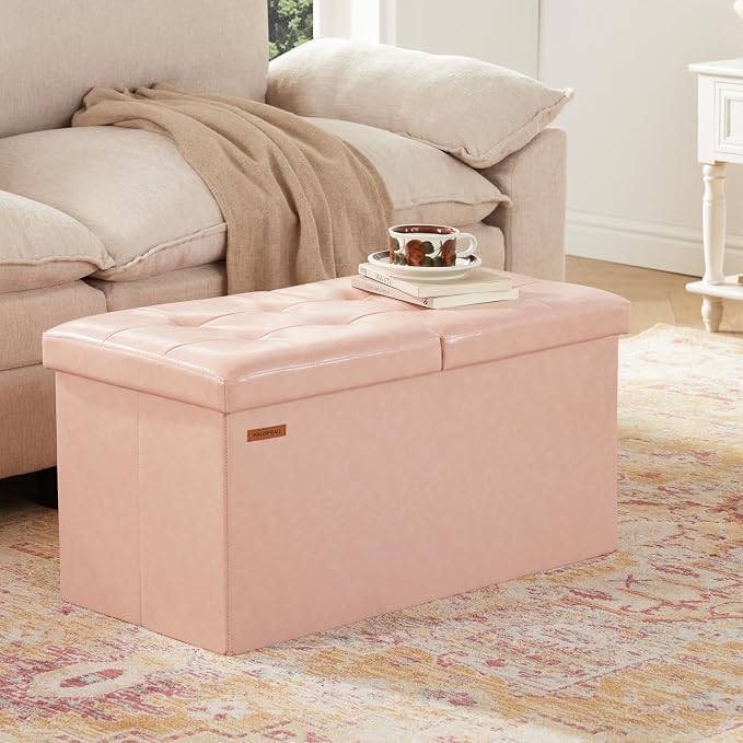 HAUSFRAU Ottoman with Storage Bench Folding Foot Rest Stool Pale Pink | 30", Flip Lid, Faux Leather, Upholstered Foldable Footrest Footstool, Bedroom Bench, Living Room Dorm Ottoman, Rectangle