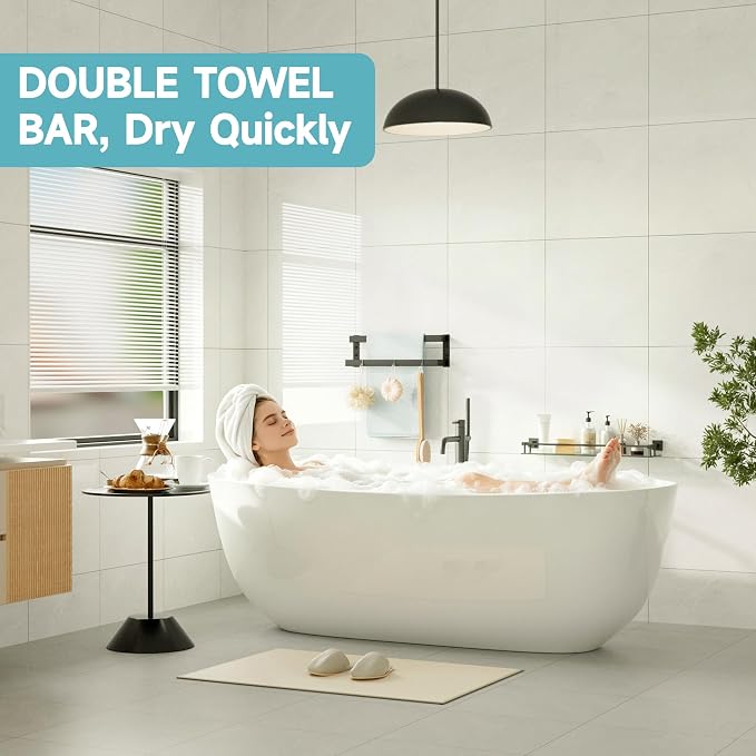 Alise Double Towel Bar, 16" Double Towel Racks for Bathroom, Matte Black | Bathroom Towel Rack Wall Mounted, 3.54" Wide Faster Drying, Ladder Design, SUS304 Stainless Steel