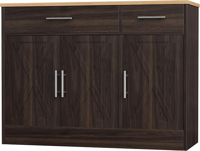 Shintenchi Modern Farmhouse Sideboard Buffet Cabinet,Barn Doors Buffet Cabinet with 2 Drawers & 3 Doors,Wood Coffee Bar Cabinet with Adjustable Shelf for Kitchen Living Room,Brown