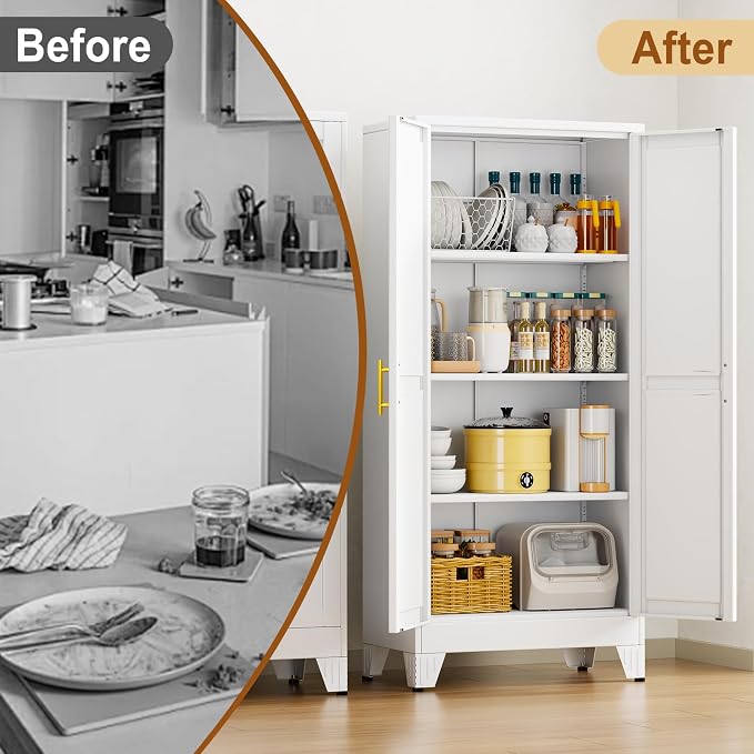 61" White Metal Storage Cabinet with 2 Doors and 3 Adjustable Shelves,Steel Garage Tool Cabinet, File Cabinet,Kitchen Pantry Cabinet for Home,Office,Garage,School,Warehouse