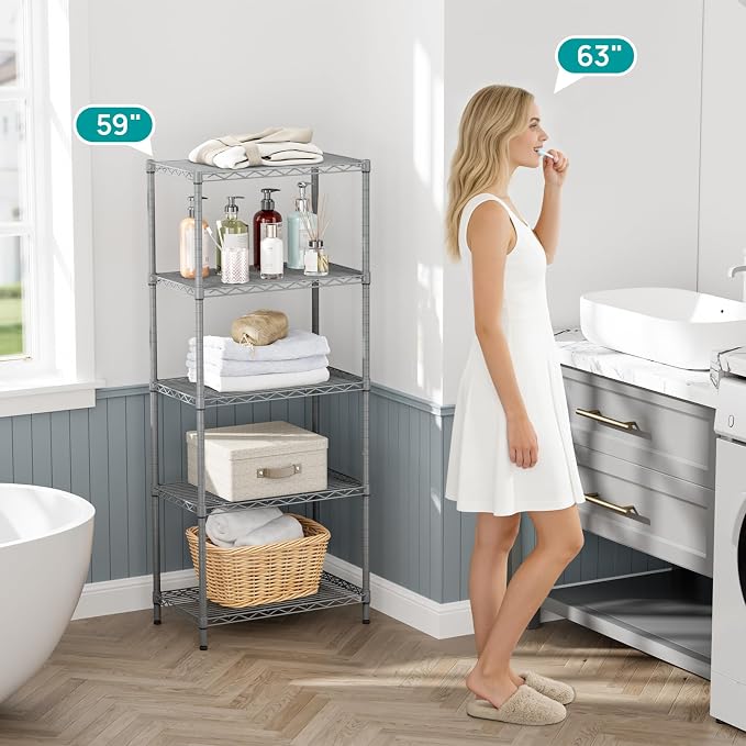 SINGAYE 5 Metal Shelves Wire Shelving Storage Shelf Adjustable Unit Pantry | 5 Tier Kitchen Laundry Room Organization Home Pantry Closet Bathroom Organizers Garage Rack 14" D x 24" W x 59.5" H Gray
