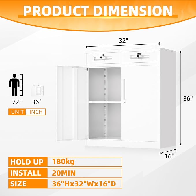 INTERGREAT Metal Storage Cabinet with Drawers, 36”H Lockable Office Storage Cabinets with 2 Doors and Adjustable Shelves, White Steel File Cabinet for Home Office, Garage, School, Apartment(White)
