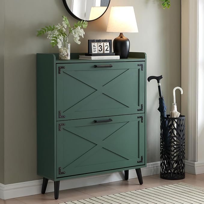 Barnyatoh Farmhouse Shoe Storage Cabinet with 2 Flip Drawers & Barn Door | Freestanding Hidden Slim Narrow Shoe Rack, Adjustable Shelves,Wood Shoes Organizer for Entryway, Foyer, Hallway,Green