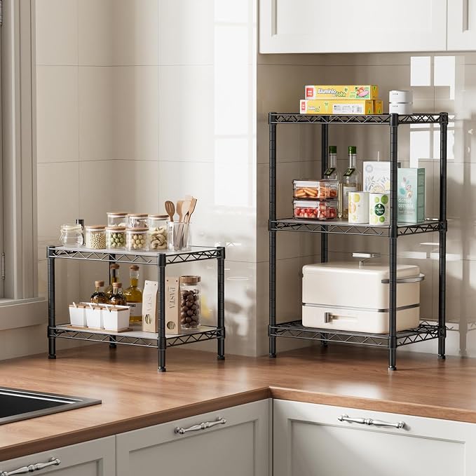 SINGAYE Small Shelves Kitchen Storage Shelf Wire Shelving Metal Adjustable | 2 Tier Shelf Organizers Storage Shelving Unit for Office Pantry Laundry Bathroom Closet Home 11.6" D X 17.6" W X 12" H Black
