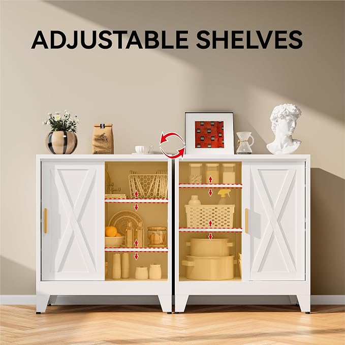 COFaR White 37" H Sliding Door Storage Cabinet, Half Open Half Closed Design, 3-Tier Kitchen Organizer with Adjustable Shelves, 150 lbs Top, Metal Coffee Bar & Buffet Sideboard for Dining Room