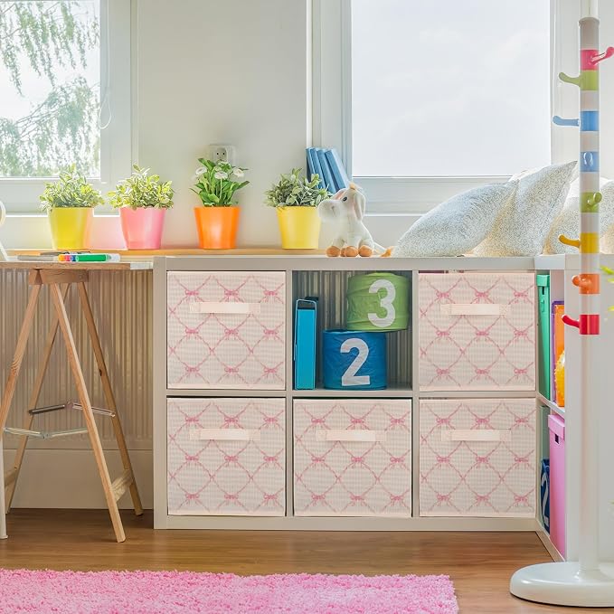 6 Pcs Beige Bow Cube Storage Bins 13 Inch Storage Basket with Handle, Girls Organizer Basket, Collapsible Fabric Box for Classroom Bedrooms Office Home Decoration Gift