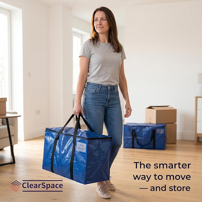 ClearSpace Heavy Duty Moving Bags or Storage Bag – Large Moving Boxes with Backpack Straps, Zippers & Handles – Perfect for Moving, College Dorm, Traveling, Camping, Christmas Decorations, 8 Pack