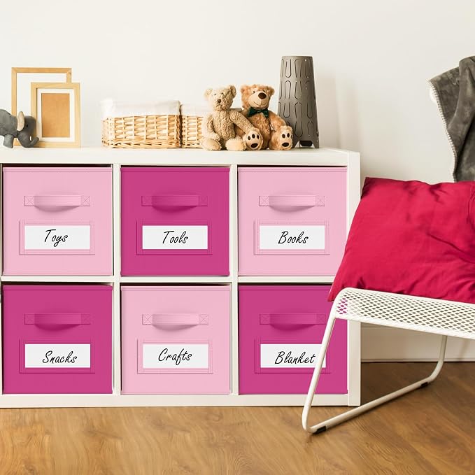 Teenyyou 10 Pack Fabric Storage Cubes 11 Inch Collapsible Cube Bins with Label Window & Handle Foldable Organizers Baskets for Shelf Closet Nursery Kids Room Clothes Book Toy(Pink, Rose Red)