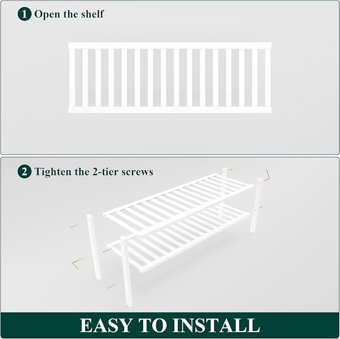 Smiry Bamboo Shoe Rack, 12 Vertical Slats, 2 Tier - 33.7" Wide, White | Stackable Free Standing Wooden Shoe Organizer, Wood Shoe Storage Shelf for Closet, Entryway