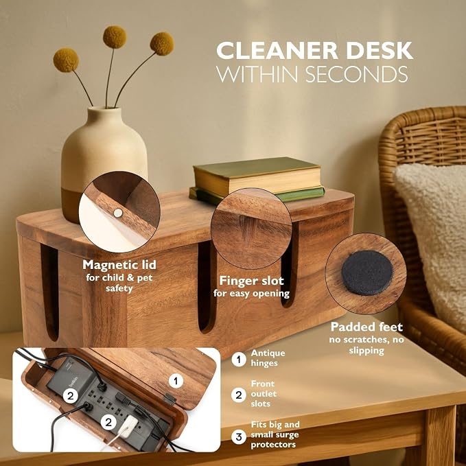 Acacia Cable Management Box - Rustic Design (Front Slots, Large) | Acacia Wood, Cable Organizer, Rustic Style, Modern Design, Desktop Storage