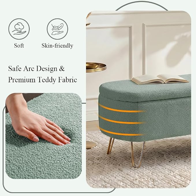 Modern Storage Ottoman Bench, Teddy Upholstered Entryway Bench with Gold Legs, Vintage End of Bed Bench with Safety Hinge, Padded Bench with Storage for Living Room, Bedroom, Entryway (Green)