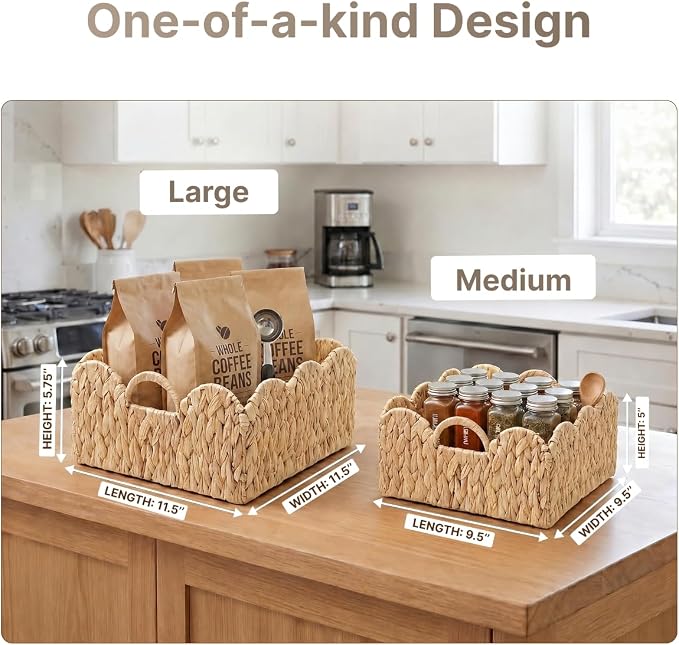 Scalloped Edge Wicker Basket, Hand-woven Rattan Storage Baskets with Built-in Handles, Water Hyacinth Basket for Organizing and Decor, 2 Pack (11 ½" L X 11 ½" W X 5 ¾" H)