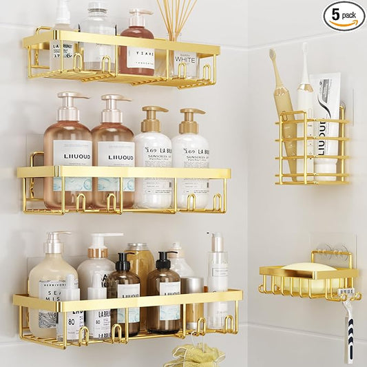 Liuoud 5 Pack Shower Caddy Organizer Rack Shelf for Inside Shower, Self Adhesive Wall Storage Basket Rustproof Stainless Steel Shampoo Holder Bathroom Accessory Decor Set, Gold