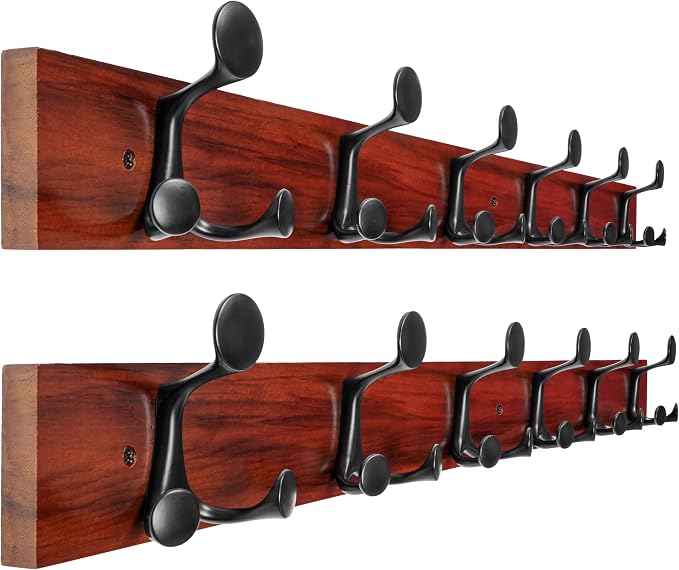WEBI Coat Rack Wall Mount,36" Solid Wood Coat Hooks Wall Mounted Coat Hanger,16" Hole to Hole,Heavy Duty Hook Rack Rail,6 Triple Hooks for Hanging Coats,Jacket,Clothes,Hat,Backpack,Cherry,2 Packs