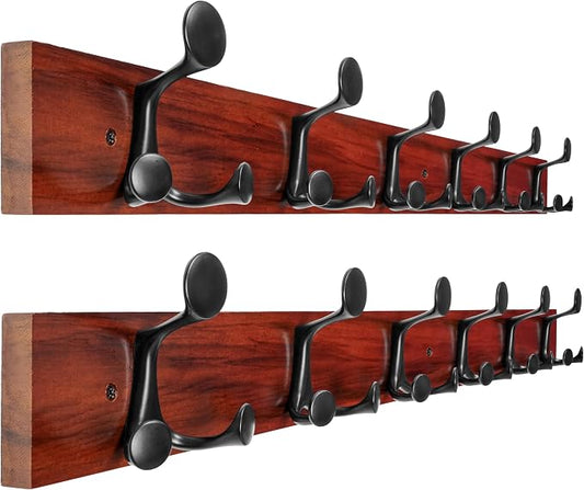 WEBI Coat Rack Wall Mount,36" Solid Wood Coat Hooks Wall Mounted Coat Hanger,16" Hole to Hole,Heavy Duty Hook Rack Rail,6 Triple Hooks for Hanging Coats,Jacket,Clothes,Hat,Backpack,Cherry,2 Packs