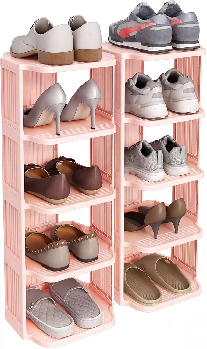 Kitstorack 10-Tier Vertical Plastic Shoe Rack, Freestanding Stackable Shoe Storage Organizer Cubes Shoe Shelf Tower or Small Closets and Tight Spaces, Pink