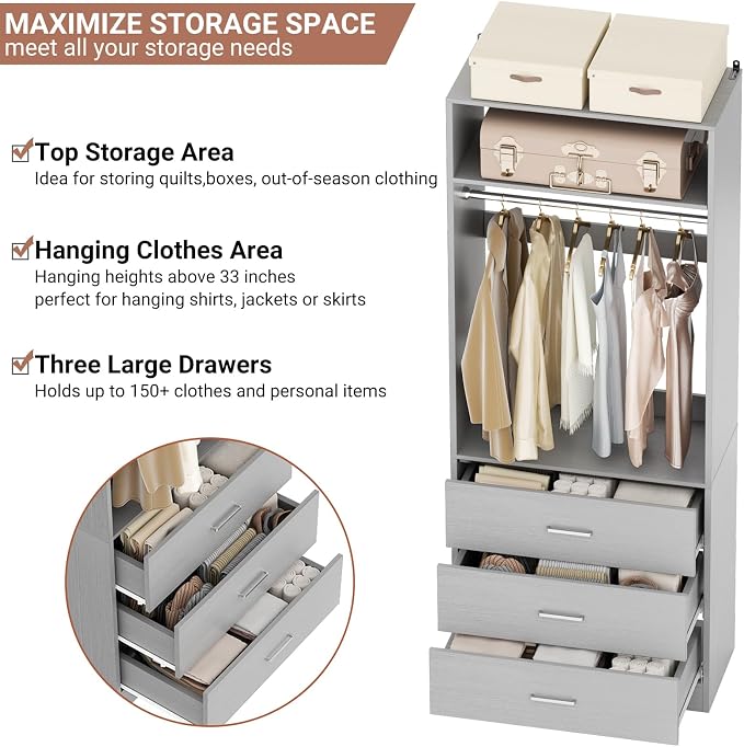 Besiost Closet System Set of 2, 4FT Closet Systems with 6 Wood Drawers, 48" Closet Organizer System with 2 Hanging Rods & 2 Shelves, Heavy Duty 48 Inch Walk-in Closet, Grey (48"L x 15" W x 80" H)