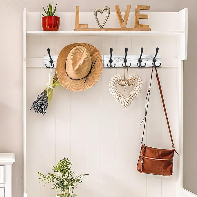 IBosins Wall Mounted Coat Rack, 31.4" Long with 8 Black Rustic Tri-Hooks | Vintage White Rustic Wood & Aluminum Coat Rack for Coat, Bag, Towel, Key, Hat, Umbrella