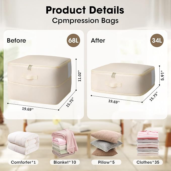 4 Pack Comforter Storage Bag, 68L Blanket Storage Bags Self Compression Comforter Organizer and Storages, Space Saving Washable Compression Bags for Blanket Bedding Pillow Duvet Quilt, Beige