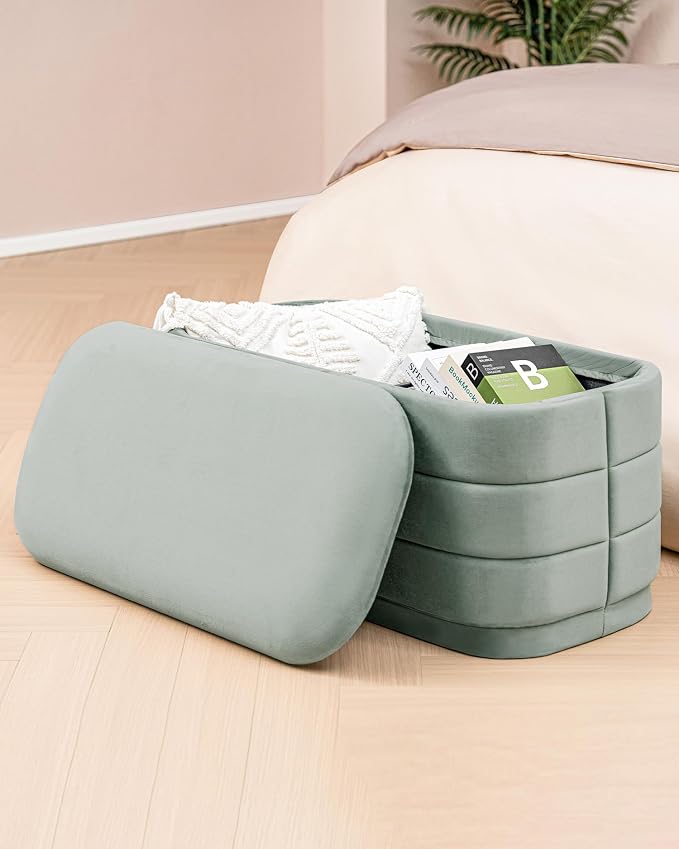 B FSOBEIIALEO Velvet Storage Ottoman with Tray, Folding Ottoman with Storage Coffee Table Shoes Bench for Dorm Room, Living Room Sage, 30"x15"x15"