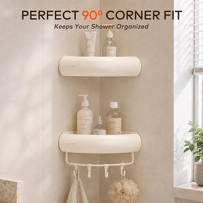 Corner Shower Caddy Adhesive Mount, No Drilling Shower Organizer | 2 Pack, Includes Hooks &Hanging Bar, Rustproof Aluminum, 2 Installation Ways, Wall-Mounted Bathroom Organizer Storage Shelves