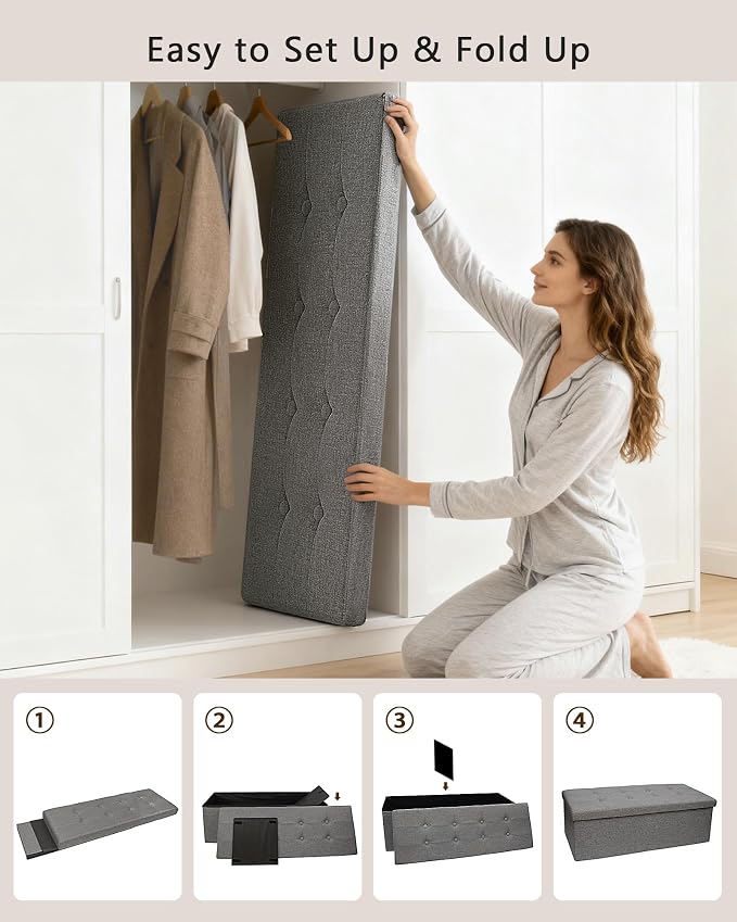 GLAXYFUR 43 Inches Folding Storage Ottoman Bench, Storage Chest, Grey | Ottoman Foot Rest, End of Bed Bench, Load 660 lb, Storage Box for Living Room, Bedroom, Entryway