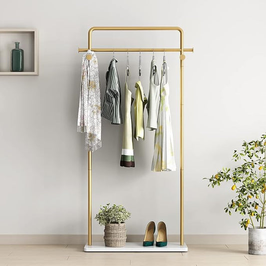 TIEOU Gold Coat Racks with Shelf, Heavy Duty Gold Clothing Racks for Boutiques, Free-Standing Metal Garment Rack for Hanging Clothes, Modern Clothes Rack Entryway