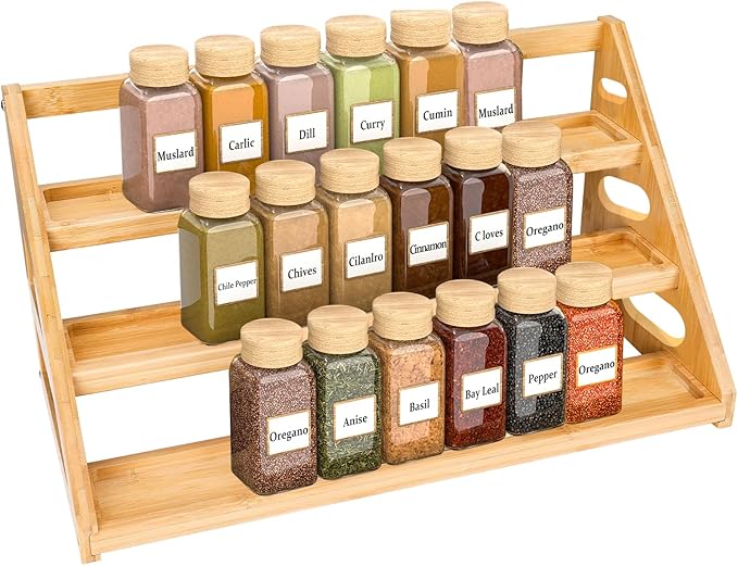 Premium Spice Rack - 3 Tier Bamboo Spice Rack Organizer - Spice Organization for Kitchen Cabinet/Countertop