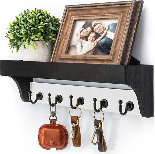 Rebee Vision Key Holder Wall Mount with Shelf for Entryway, Black & White | 5 Hooks, Modern Farmhouse Key Holder for Wall, Two-Tone Key Rack, Mail Organizer, Decorative Home Decor