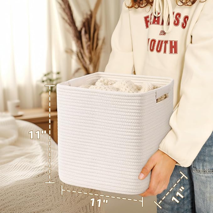 11 Inch Storage Cubes, 3 Pack Cube Storage Bins for Organizing, Cotton Rope Woven Baskets for Shelves, Bathroom, Kids Room, Closets, Baby Nursery