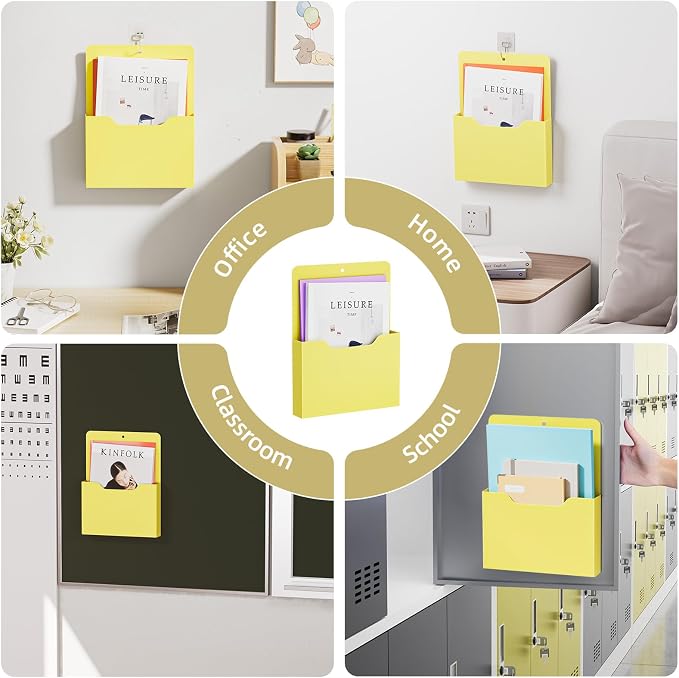 Marbrasse 2 Pack Magnetic File Holder - Paper Holder, Pocket Organizer,Hanging Wall File Organizer Office Supplies Storage, Magazine Mail Organizer Case for Notebooks,Planners,Letter (Yellow)