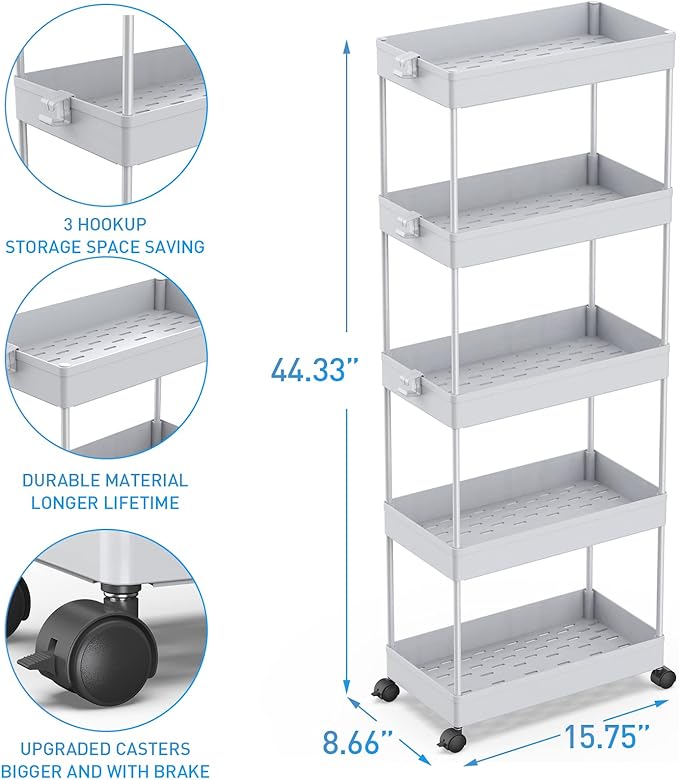 SPACEKEEPER 5 Tier Storage Rolling Cart, Bathroom Cart with Wheels, Gray | Mobile Storage Cart for Laundry Room Organization,Kitchen,Office,Bathroom, Utility Cart for Snack,Craft,Art,Makeup,Nail,Toys