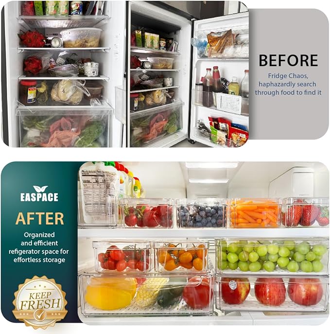10-Pack Clear Fridge Organizer Bins with Lids & Drainage Holes, Stackable Container Set, BPA-Free Plastic Refrigerator Storage Containers for Food, Fruits, Vegetables, Meats (Multi-Purpose)