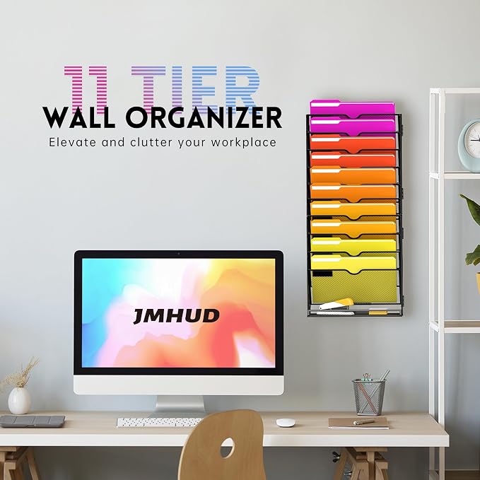 11-Tier Wall File Organizer and Hanging File Organizer with Base, Black | Wall Organizer and Wall File Holder with 11 Vertical Pockets and Bottom Tray for Files, Mail, Folders, Magazines and Paper